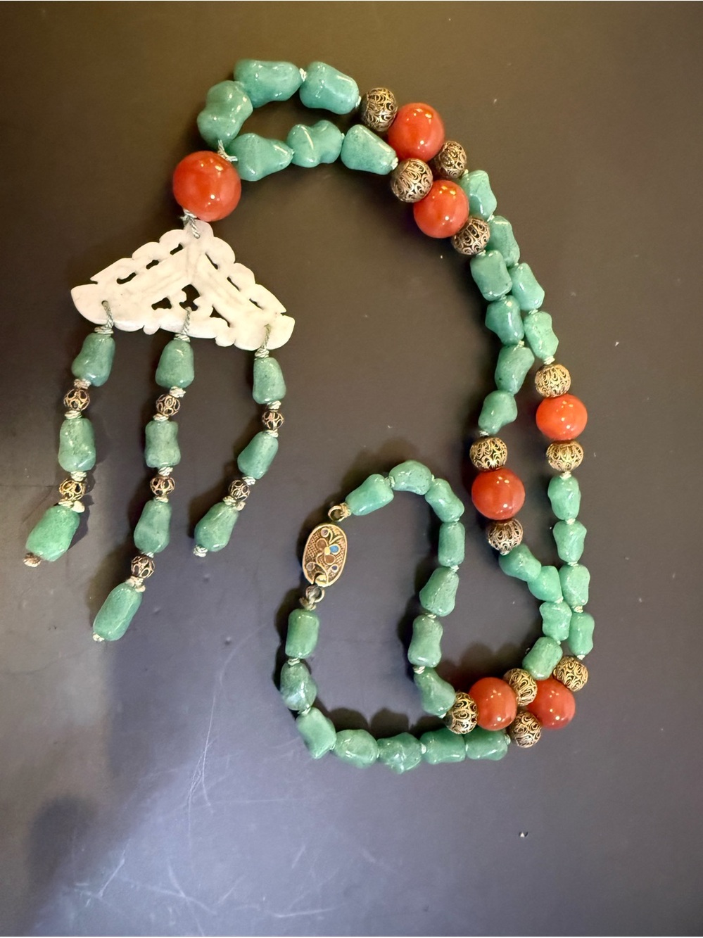 Vintage Sterling Silver Carved Pendant Necklace with Jade, Carnelian